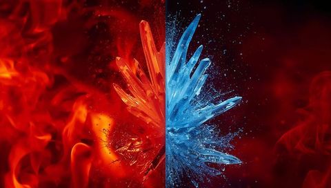 Dual Fire and Ice Crystal Splitting Red and Blue Halves with Neon Glow and Particles