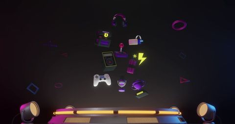 Virtual gaming symbols in neon with spotlights