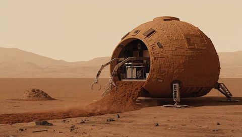 Spherical mars lander excavating regolith with robotic arms on red desert horizon