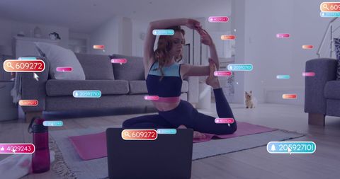 Woman Practicing Yoga at Home with Digital Media Overlay