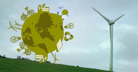 Eco-friendly planet symbols beside wind turbine illustrating renewable energy