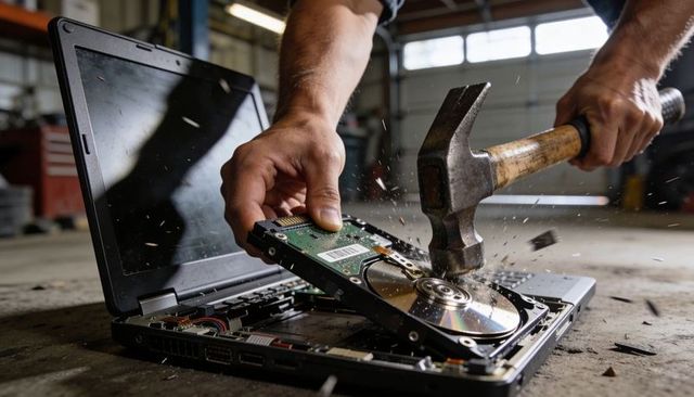 Technician smashing hard drive with hammer over open laptop in workshop for data destruction