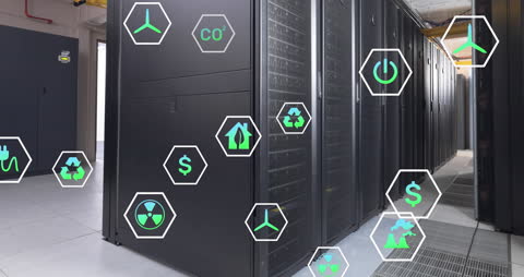 Eco-Friendly Data Center with Digital Sustainability Icons