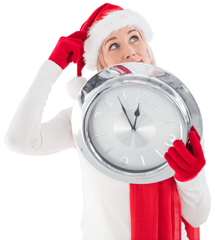 Festive Woman in Santa Hat Holding Transparent Clock