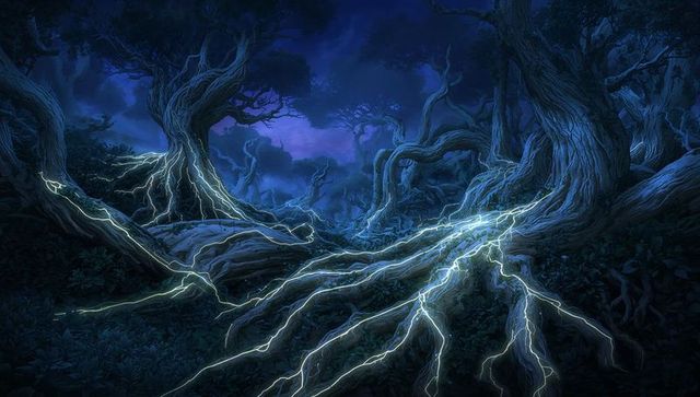 Bioluminescent roots glowing across ancient forest floor at night with twisted trunks