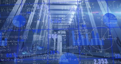 Futuristic Data Center with Mathematical Formulas and Digital Overlays