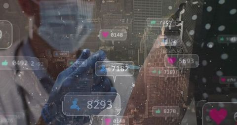 Gloved scientist tapping handheld tablet with social ui overlay and metropolis interface