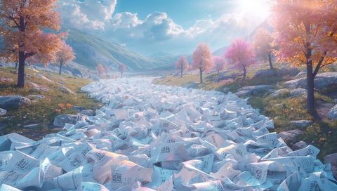 Flowing River of Paper Receipts and Origami Boats Through Autumn Valley at Sunrise
