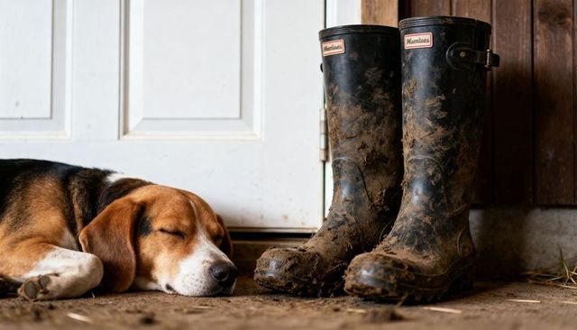Sleeping beagle resting beside muddy boots at farmhouse entryway