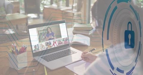 Student in Online Class with Digital Security Overlay Concept