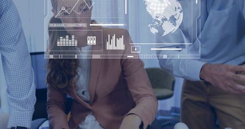 Business team analyzing holographic data and global analytics on glass display