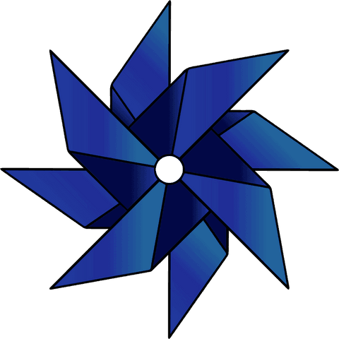 Blue geometric pinwheel spinning on transparent background