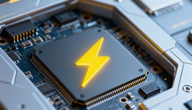 Glowing lightning bolt on central microprocessor close-up on blue-green circuit board