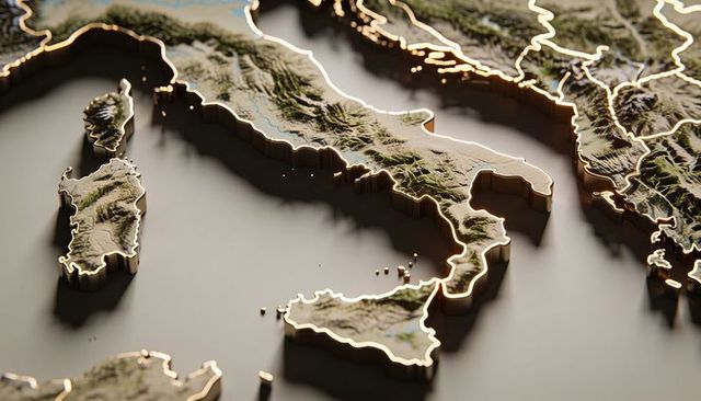 3d topographic map italian peninsula with rim lighting metallic relief sicily sardinia