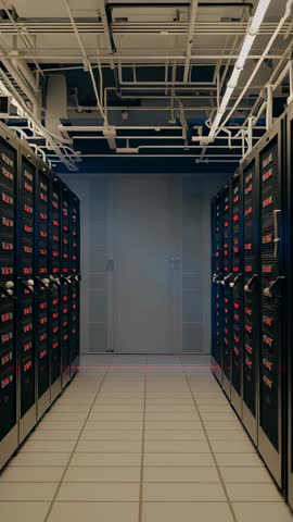 Vertical data center video pulsing red LED aisle revealing blinking server racks