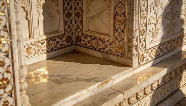 Ornate mughal marble alcove with gilded floral inlay and carved stone bench reflections