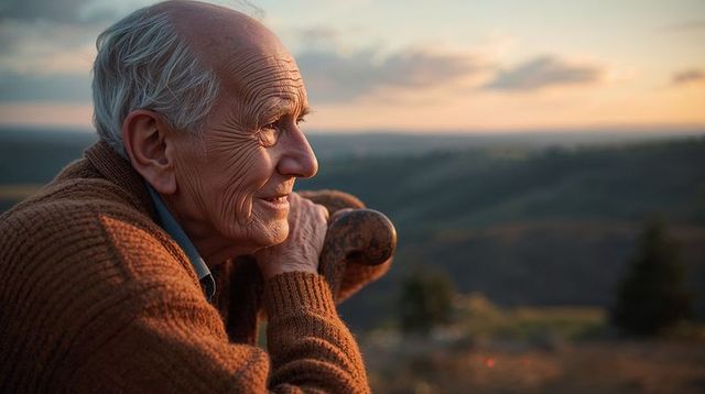 Senior man leaning on carved cane gazing at golden sunset over rolling countryside horizon