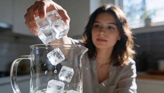 Dropping ice cubes into glass pitcher in sunlit home kitchen for refreshing drinks