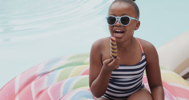 Joyful Girl Eating Ice Cream by Pool in Summer Sun - Download Free Stock Images Pikwizard.com