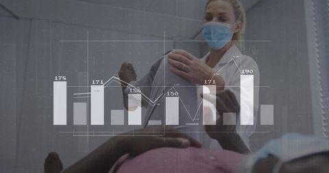 Masked medical professional analyzing patient with data overlay