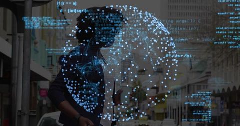 Walking Woman with Holographic Sphere Displaying Futuristic Connectivity