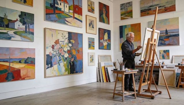Senior painter working at easel in spacious art studio surrounded by colorful canvases
