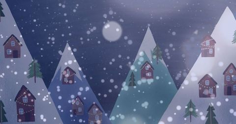 Snowy Mountain Village at Night with Winter Wonderland Scenery