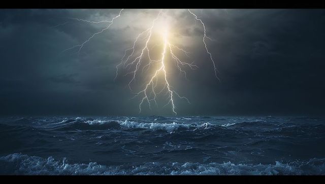Dramatic lightning storm over turbulent ocean waves at night