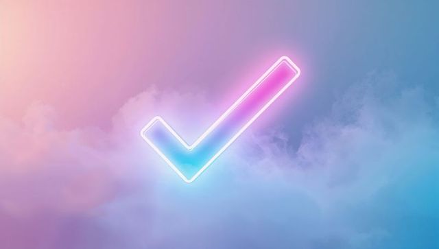 Neon checkmark against pastel cloudscape