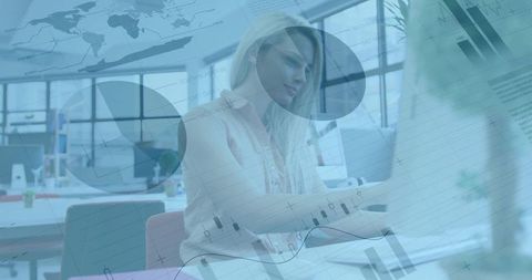 Businesswoman Analyzing Financial Charts on Laptop in Open Office with Candlestick Graph