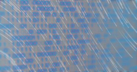 Displaying blue binary digits on monitor with horizontal scanlines and diagonal streaks