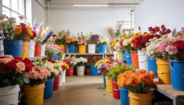 Floral workshop displaying vibrant cut flowers in colorful buckets for wholesale