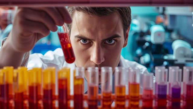 Focused scientist analyzing test tubes in advanced laboratory