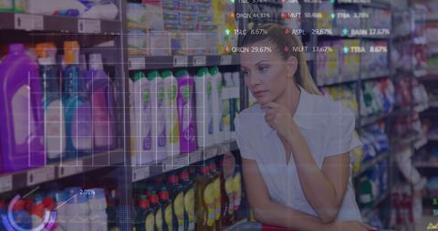 Woman Shopping in Supermarket with Digital Marketing Growth Data Overlay