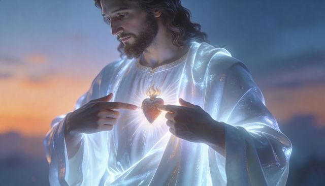 Sacred heart glowing on chest, man in white robe pointing, spiritual dawn radiance