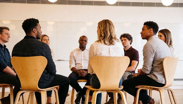 Diverse team sitting in circle discussing ideas during casual business group meeting
