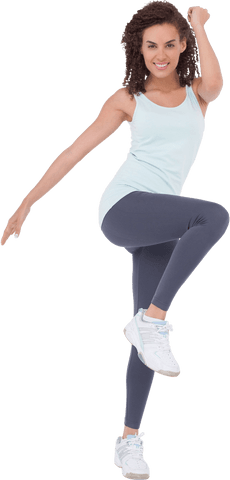 Image shows a fit woman performing an aerobic workout, embodying energy and fitness in action. Useful for websites and marketing materials promoting health, active lifestyle, women's fitness, and workout routines.