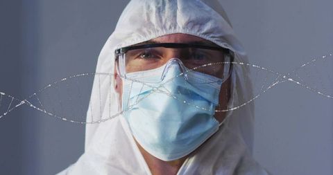 Laboratory scientist wearing full ppe and surgical mask with dna helix overlay close-up