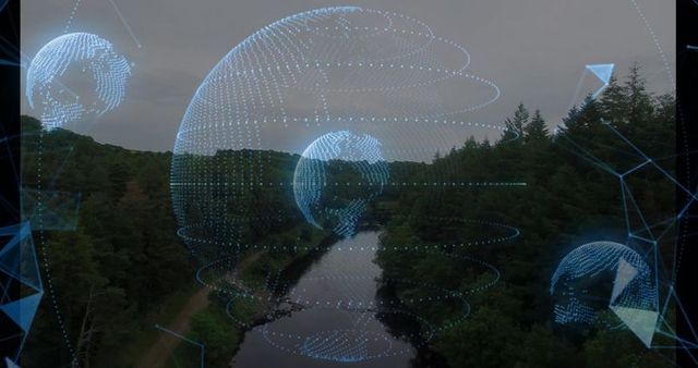 Innovative Global Network Overlaying Serene Forest Landscape