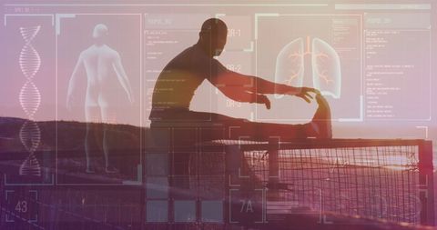 Silhouette Exercise with Futuristic Medical Data Overlay at Beach