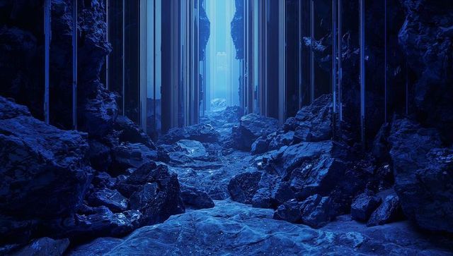 Futuristic Blue Cavern Corridor with Glowing Vertical Pillars and Reflective Rock Path