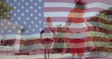 Couples Piggybacking on Beach with American Flag Overlay