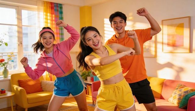 Friends dancing in colorful living room workout, energetic group aerobic home fitness