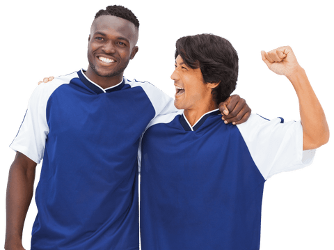 Joyful diverse male footballers celebrating victory transparent background