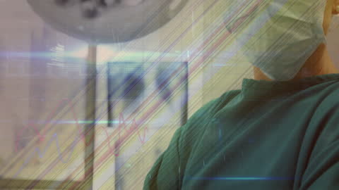 Caucasian Surgeon Operating Room Overlay with Data Graphics