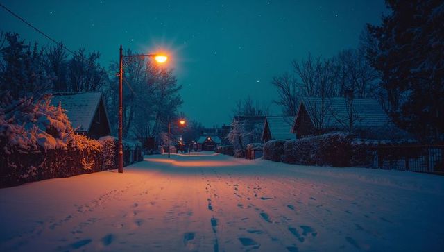 Winter Night: Snowy Street with Glow of Warm Streetlamps