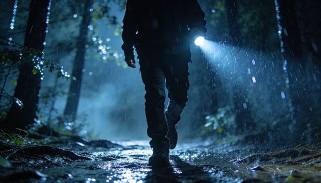 Night hiker walking rainy forest trail holding flashlight casting dramatic blue beam