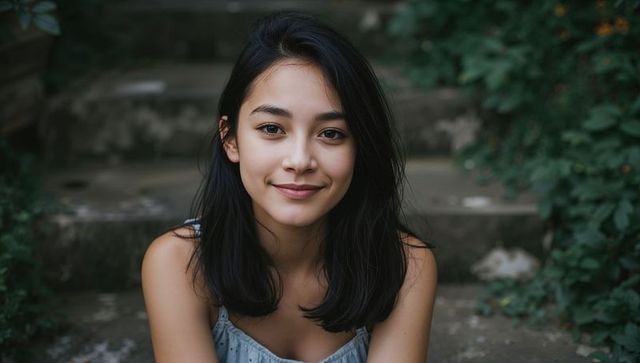Young woman smiling on concrete garden steps, natural portrait, relaxed summer mood