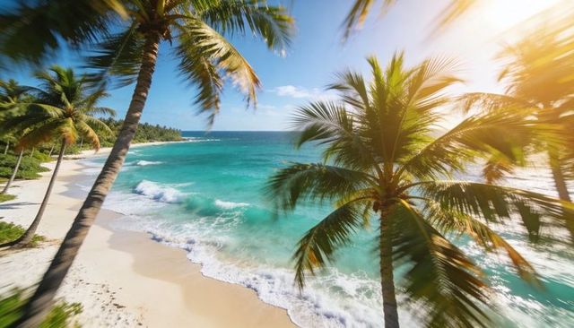 Tropical turquoise beach with swaying palm trees and sunlit white sand shoreline