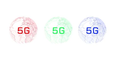 Colorful Rotating 5G Glowing Globes on White Background